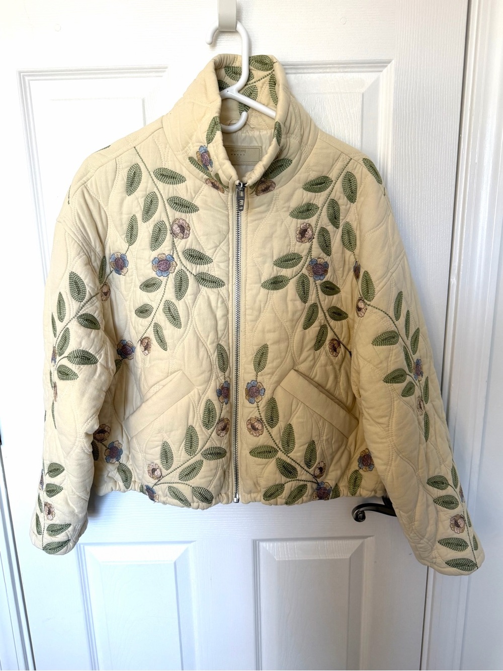 Blank NYC Cream Quilted Floral Embroidered Puffer Jacket